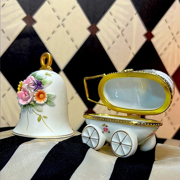 Porcelain Floral Set – Baby Carriage Trinket Box & Bell with 3D Flowers - Picture 3 of 8